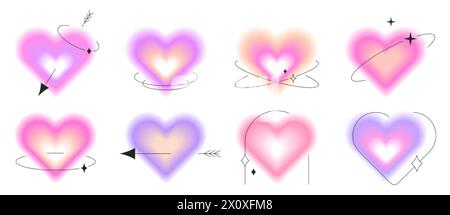 Set mit y2k valentine Herz mit Verlaufsmuster und Unschärfeeffekt. Verschwommene Aura in weichen Pastellfarben, glänzende ästhetische Aufkleber mit linearen Formen und Funkeln. Modernes minimalistisches Liebessymbol zum valentinstag. Stock Vektor