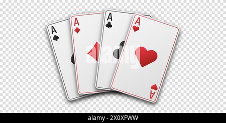Fans von Karten mit Handspielen. Vier Asse mit dem Anzug aus Herzen, Schlägern, Diamanten und Pik. Vetor-Abbildung. Poker- oder Casino-Konzept. Transparentes bac Stock Vektor