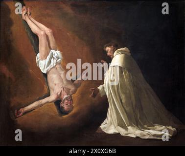 St. Peter Nolasco's Vision of St. Peter the Apostel ist ein Ölgemälde des spanischen Malers Francisco de Zurbarán aus dem Jahr 1629 auf Leinwand. Stockfoto