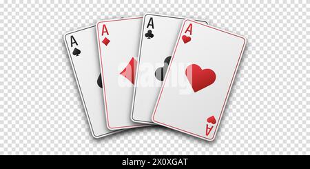 Fans von Karten mit Handspielen. Vier Asse mit dem Anzug aus Herzen, Schlägern, Diamanten und Pik. Vetor-Abbildung. Poker- oder Casino-Konzept. Transparentes bac Stock Vektor