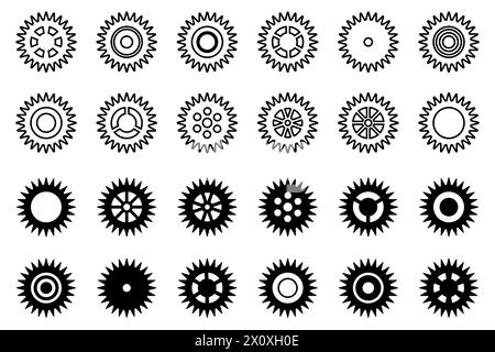 Symbolsatz Gänge. Symbol „Einstellen der Gänge“. Sammlung mechanischer Zahnräder. Weißer Hintergrund. Vektorillustration mit schwarzen Kettenradsymbolen Design el Stock Vektor