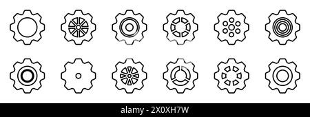 Symbolsatz Gänge. Symbol für Gangeinstellung. Sammlung mechanischer Zahnräder. Einfache Zahnradsammlung. Silhouette mit Zahnradsymbolen. Vector Illustrati Stock Vektor