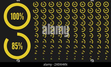 Prozentuale Kreisdiagramme von 0 bis 100. Gelbe Schilder auf schwarzem Hintergrund. Hohe Prozentsätze für Benutzeroberfläche oder Business-Infografik. Se Stock Vektor