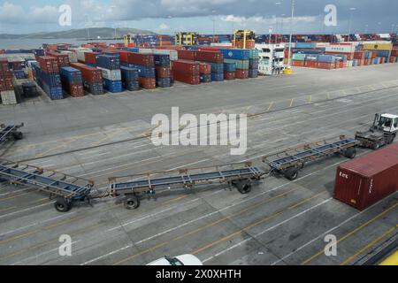 Güterwagen mit Zugfahrzeugen oder Liefergleisen, die an einen Zug erinnern, der vor verstauten Containern im Seehafenterminal in Kingston vorbeifährt. Stockfoto