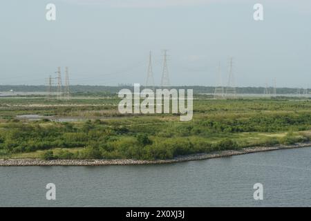 Hohe elektrische Pylonen erstrecken sich über ein grünes Feld und durchqueren das Wasser, vom Containerterminal am Hafen von Houston aus gesehen. Stockfoto
