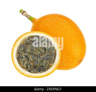 Granadilla isoliert auf weißem Hintergrund mit Beschneidungspfad, volle Schärfentiefe Stockfoto