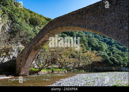 Blick auf die historische Steinbrücke von Viniani im Agrafa-Gebirge in Zentralgriechenland Stockfoto
