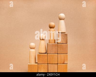 Führung mit Unternehmenserfolg und Konzepten für das Bevölkerungswachstum. Holzfiguren, männlich und weiblich, die auf Holzwürfel stehen, Blöcke Wachstumsdiagramm Schritt Isolat Stockfoto