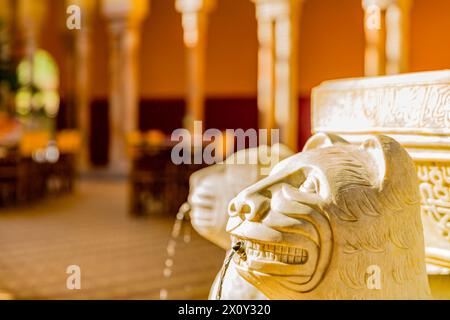 Nahaufnahme des Marmorkopfes eines Löwen in der Nachbildung des Alhambra-Brunnens, Tische und Säulen in verschwommenem Hintergrund in warmen gelben und braunen Farben, erhellen Stockfoto