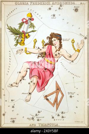 Das Sternbild Andromeda, wie es in Uranias Spiegel von Sidney Hall um 1825 dargestellt ist, ist ein Satz von 32 Sternenkarten, die erstmals im November 1824 veröffentlicht wurden. Stockfoto