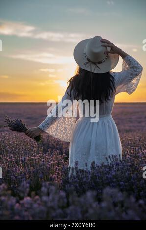 Schöne junge Frau, die die Lavendelblumen bei Sonnenuntergang bewundert. Stockfoto