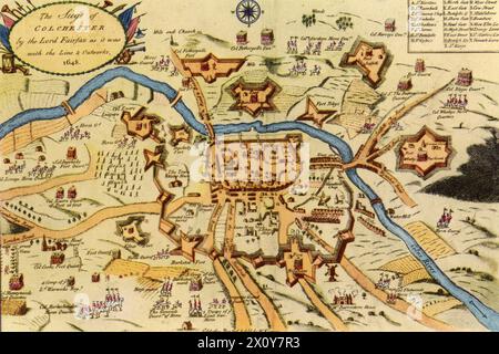 The Belagerung of Colchester by the Lord Fairfax as it was with the Line & Outworks, 1648. Von W. Keymer. Die Belagerung von Colchester fand 1648 während des Zweiten Englischen Bürgerkriegs statt, als die royalistische Armee von Thomas Fairfax (1612–1671) angegriffen wurde. Der erste Angriff der Parlamentarier zwang die royalistische Armee, sich hinter die Stadtmauern zurückzuziehen. Trotz der Entbehrungen durch die Belagerung wehrten sich die Royalisten elf Wochen lang und kapitulierten erst nach der Niederlage der royalistischen Armee in der Schlacht von Preston. Stockfoto