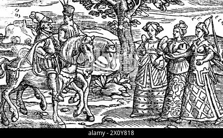 Lords Meeting Ladies, 1577. Diese Illustration aus Holinsheds Chronicles (Holinsheds Chronicles of England, Schottland und Irland) inspirierte William Shakespeare (um 1564–1616), als er Macbeth schrieb. Insbesondere Akt 1, Szene 3, in der Macbeth und Banquo zum ersten Mal auf die Hexen treffen. Stockfoto