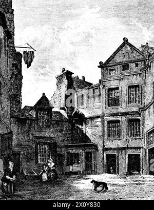 Riddles Court, Edinburgh, Schottland, 1848. Rddles Court wurde die Residenz von David Hume (1711–1776), schottischem Aufklärungsphilosophen, Historiker, Ökonom, Bibliothekar und Essayist. im Jahr 1751. Aus „Memorials of Edinburgh in the Olden Time“ von Sir Daniel Wilson (1816–1892), 1848. Stockfoto