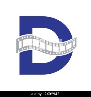 Buchstabe D mit Folien-Rollensymbol. Streifen Sie das Filmlogo für das Filmzeichen und das Unterhaltungskonzept Stock Vektor