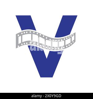 Buchstabe V mit Filmrollensymbol. Streifen Sie das Filmlogo für das Filmzeichen und das Unterhaltungskonzept Stock Vektor