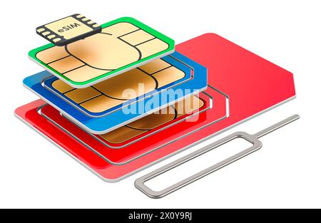 Verschiedene SIM-Karten mit Auswurfstift für Mobiltelefone, 3D-Rendering isoliert auf weißem Hintergrund Stockfoto