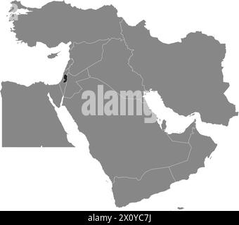 Schwarze Karte von PALÄSTINA in grauer Karte des Nahen Ostens Stock Vektor