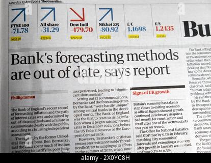 „Die Prognosemethoden der Bank sind veraltet“, so der Bericht der Guardian-Zeitung Inflation Zins Report artikel 13 April 2024 London England Großbritannien Stockfoto