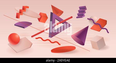 3D-Elemente abstrahieren. Geometrische farbenfrohe Kunstkomposition mit hellen Kreisen und Würfeln. Minimale Figuren. Kugeln und Pyramiden. Discs rendern. Fliegende Dreiecke. Vektordesign grafische Formen Hintergrund Stock Vektor