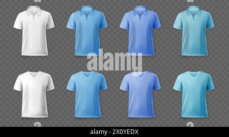 Poloshirt. Weißes leeres Sporttuch, kurze Herrenbekleidung vorne und hinten, Damenärmel. Textil in verschiedenen blauen Farben. Marketing Branding isolierte Elemente. Set mit Vektor-Baumwolldesign Stock Vektor