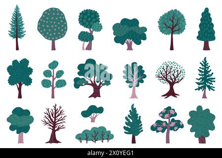 Baumsymbole. Waldpflanzen-Silhouetten, grüne Parklandschaft mit Ästen und Sommerblättern, Natur Erde Frühlingsgarten, Umgebung. Isolierte, einfache Landschaftselemente. Vektor-Zeichentrickfilm botanisches Set Stock Vektor