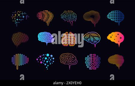 Hirnsymbole. Psychologische Umrisssymbole. Neurologie-Wissenschaft. Cyber-Technologie. Digitaler Speicher. Kopf nach vorne. Genius cerebrum. Logik und Verstand. Farbverlaufszeichen. Vektor-Piktogramme für dünne Linien eingestellt Stock Vektor