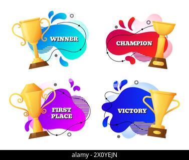 Gewinner-Banner. Goldener Meisterschaftscup und Text. Preis für abstrakten Design-Hintergrund, bunte Blobs-Embleme. Blasenrahmen, Leistungssymbole. Turniertrophäe. Post in sozialen Medien. Vektor-isolierter Satz Stock Vektor