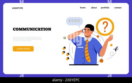 Landing-Page für Geschäftskommunikation. Geschäftsmann, der das Telefon anruft, um Fragen zu stellen. Online-Beratung. Feedback-Verbindung. Büromitarbeiter. Internet-Chat. Vorlage für die Website-Schnittstelle. Vektorhintergrund Stock Vektor