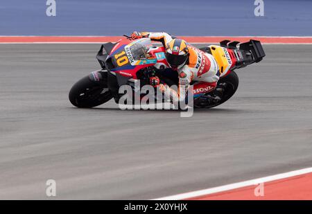 Austin, Usa . April 2024. Repsol Honda Pilot Luca Marini (10) fährt während des warm Up vor dem Red Bull Grand Prix of the Americas am 14. April 2024 in Austin, Texas. (Foto: Stephanie Tacy/SIPA USA) Credit: SIPA USA/Alamy Live News Stockfoto