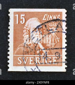 Von Schweden gedruckte gestempelte Briefmarke mit Porträt von Prof. Dr. von Linné (1707-1778) Arzt und Botaniker, um 1939. Stockfoto