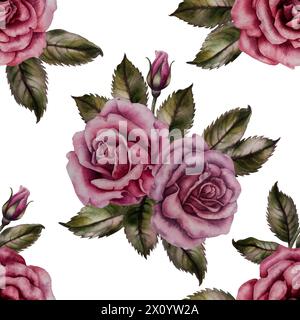 Nahtloses Blumenmuster aus rosafarbenen Puderrosen, handgezeichnet. Aquarellillustration im Vintage-Stil für Hochzeit, Geburtstag, valentinstag, Muttertag Stockfoto