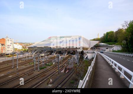 Dach des Bahnhofs Lüttich-Guillemins von Santiago Calatrava, coloriert vom französischen Konzeptkünstler Daniel Buren Stockfoto