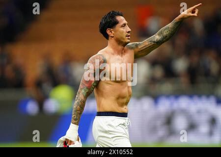 Mailand, Italien. April 2024. Cagliari's Lapadula am Ende des Fußballspiels der Serie A zwischen Inter und Cagliari im San Siro Stadion in Norditalien - Sonntag, den 14. April 2024. Sport - Fußball . (Foto: Spada/LaPresse) Credit: LaPresse/Alamy Live News Stockfoto