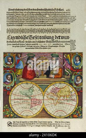 Doppelhalbkugelkarte der Welt mit Porträts der wichtigsten Entdecker des 16. Und frühen 17. Jahrhunderts: Magellan, Schoten, Drake, von Noort, Cavendish und Speilbergen. Die Karte zeigt die Spuren von Jacob Le Maire und Willem Schouten. Von Matthaus Merian 1631 Stockfoto