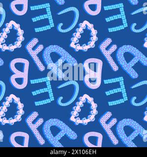 Nahtloses Kindergartenmuster mit Zeichentrickbuchstaben zum Einpacken von Papier und Stoffen sowie Bettwäsche und Kinderkleidung Stockfoto