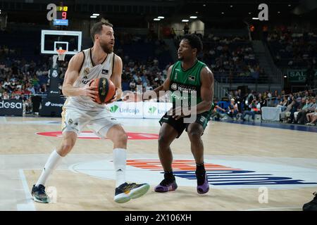 Madrid, Spanien. April 2024. Sergio Rodríguez von Real Madrid während des ACB Liga Endesa Basketballspiels zwischen Real Madrid und Joventut Badalona im Wizink Center am 14. April 2024 in Madrid. (Foto: Oscar Gonzalez/SIPA USA) Credit: SIPA USA/Alamy Live News Stockfoto