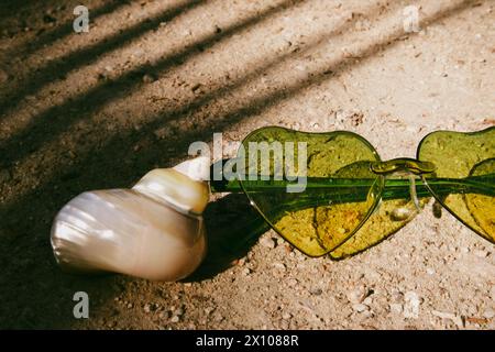 Grüne Sonnenbrille in Herzform, Muschel am Sandstrand. Urlaub in der Nähe des Ozeans im tropischen Sommerresort. Palmen abstrakte vertikale Schatten. Stockfoto