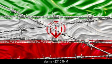 Iranische Flagge und Stacheldraht Stockfoto