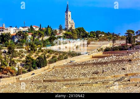 Ölberg jüdische Friedhöfe Kirche des Aufstiegs Jerusalem Israel.  Lage des Garten von Gethsemane und die Himmelfahrt Jesu. Stockfoto