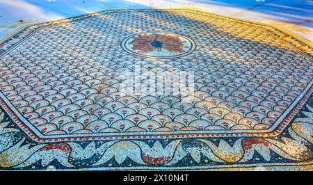 Peacock Octagon Mosaik von Kirche Peter Haus See Genezareth Kapernaum Israel Octagon ist Symbol der Ort, wo Jesus ging.  Matthew 08:14-15 Stockfoto