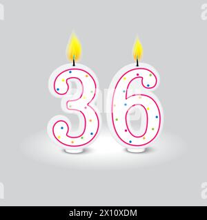 Nummer 36 Geburtstagskerzen. Konfetti-Punktmuster. Festliche Details. Vektorabbildung. EPS 10. Stock Vektor
