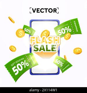 3D Flash Sale Banner Vorlage mit fliegenden Coupons, Smartphone mit Flash Sale Bildschirm, Dollar Münzen, isoliert auf Hintergrund. Black Friday, Hintergrund für Sonderveranstaltungen. 3D-Gutschein. 3D-Vektor. Vektorabbildung Stock Vektor