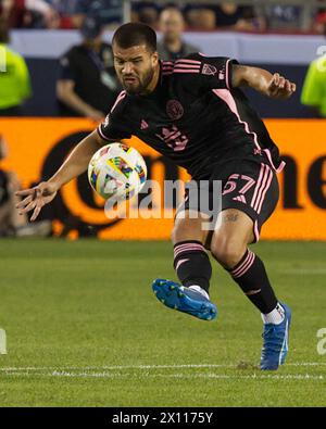 Kansas City, Missouri, USA. April 2024. Inter Miami CF Mittelfeldspieler Marcelo Weigandt #57 ist in der ersten Hälfte des Spiels im Arrowhead Stadium in Kansas City, MO, am 13. April 2024 auf der Defensive. (Kreditbild: © Serena S.Y. Hsu/ZUMA Press Wire) NUR REDAKTIONELLE VERWENDUNG! Nicht für kommerzielle ZWECKE! Stockfoto