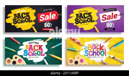 Back to School Sale Vektor-Banner-Set. Grußtext und Werbeaktion zur Schulansprache legen die Sammlung für informative Shopping-Flyer-Hintergründe fest. Stock Vektor