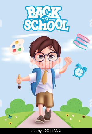 Zurück zum Schuljungen-Charakter-Vektor-Poster. Schulkind süßer Charakter glücklich zu gehen, lächelnd und trägt Schultasche für lehrreiches Design. Vektor Stock Vektor