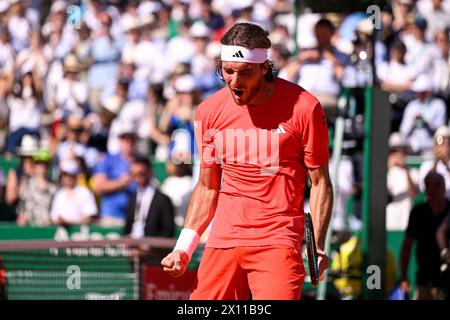 Monaco, Monaco. April 2024. Stefanos Tsitsipas während des Rolex Monte-Carlo ATP Masters 1000 Tennis am 13. April 2024 im Monte Carlo Country Club in Roquebrune Cap Martin, Frankreich bei Monaco. Foto: Victor Joly/ABACAPRESS.COM Credit: Abaca Press/Alamy Live News Stockfoto