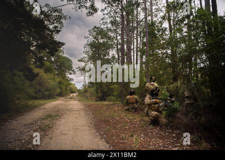 Mitglieder der 110th Security Forces trainierten am 11. April 2024 mit der 1st Special Operations Security Forces Squadron an Hurlbert Field, Florida. Während der letzten Übung, die das einwöchige Training beendete, übten die Mitarbeiter der Sicherheitskräfte Patrouillen und feindliche Einsätze mit Simulationsrunden. (Foto der U.S. Air National Guard von Senior Airman Ryan Bishop) Stockfoto