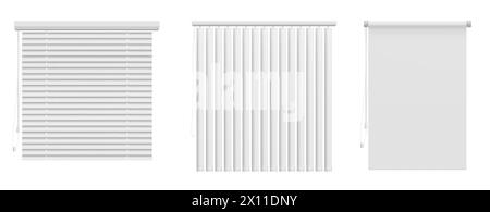 Fensterjalousien isoliert auf weißem Hintergrund. Vektor-realistische Illustration von horizontalen und vertikalen weißen venezianischen Fensterläden, Jalousie-Schatten für Zuhause, Büro-Innenraum, Metall und Stoff-Sonnenschirm Stock Vektor