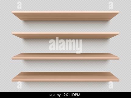 Leeres Wandregal aus Holz für Buch isolierten Vektor. 3D Holzregal für Bibliothek. Produktgestell oder Tisch realistisches Design mit Textur. Ausstellungsfläche mit Schatten für Markthalterwinkel. Stock Vektor